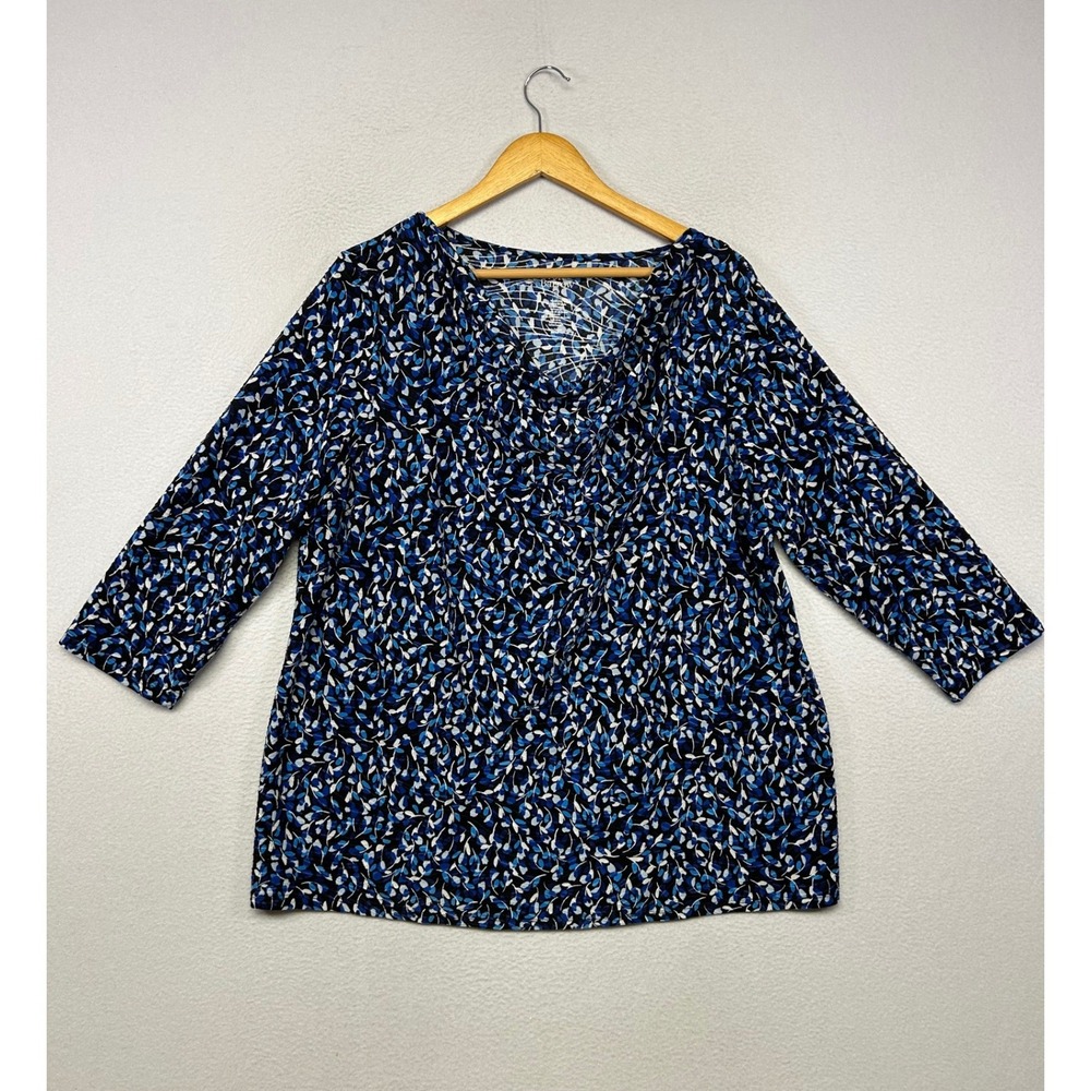 Boho Career Croft & Barrow Women 1X Blue Leaf Print 3/4 Sleeve V-Neck Tunic Top